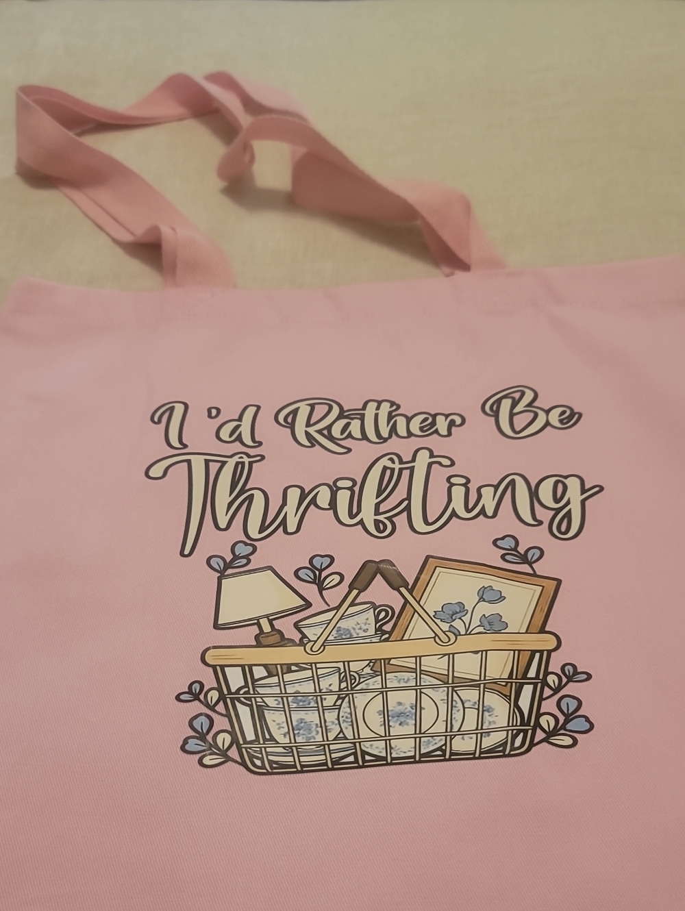 Pink 'I'd Rather Be Thrifting' Graphic Tote Bag New